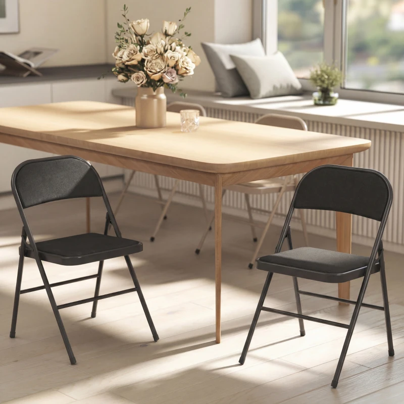 HOMCOM Set of 2 Metal Foldable Chairs, Linen Fabric Padded Folding Chairs with Cushion Seat and Open Back for Indoor, Black