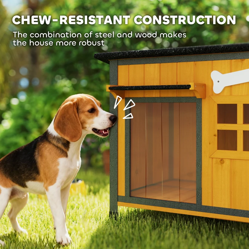 PawHut Outdoor Dog House with Anti-Chewing Steel Frame, Openable Roof, Removable Floor, Door Curtain, Yellow