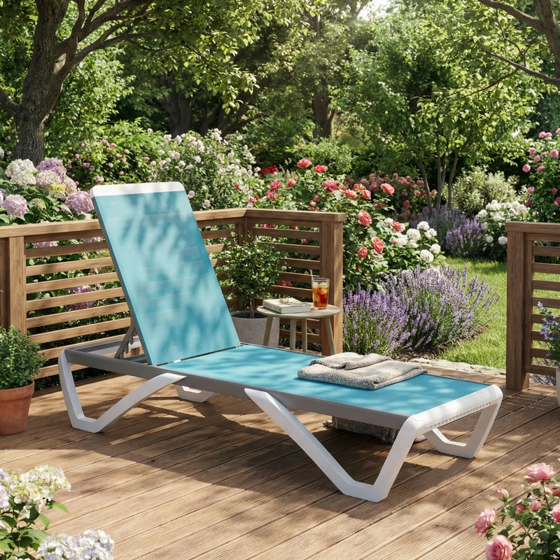 Outsunny Outdoor Chaise Lounge Chair, Patio Aluminum Tanning Chair with 5-Level Adjustable Back, Portable Wheels, Turquoise