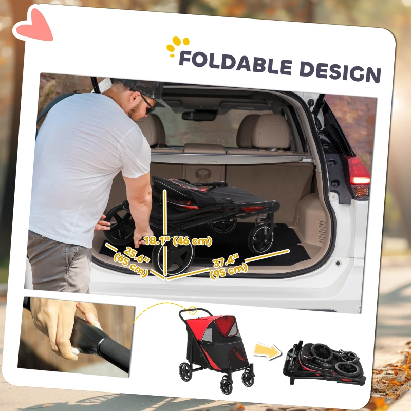 PawHut Foldable Pet Stroller with Universal Front Wheels, Shock Absorber, Dog Cat Carriage for Large & Medium Dogs, Red