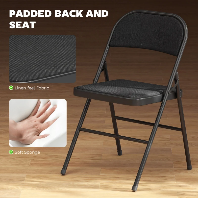 HOMCOM Set of 2 Metal Foldable Chairs, Linen Fabric Padded Folding Chairs with Cushion Seat and Open Back for Indoor, Black