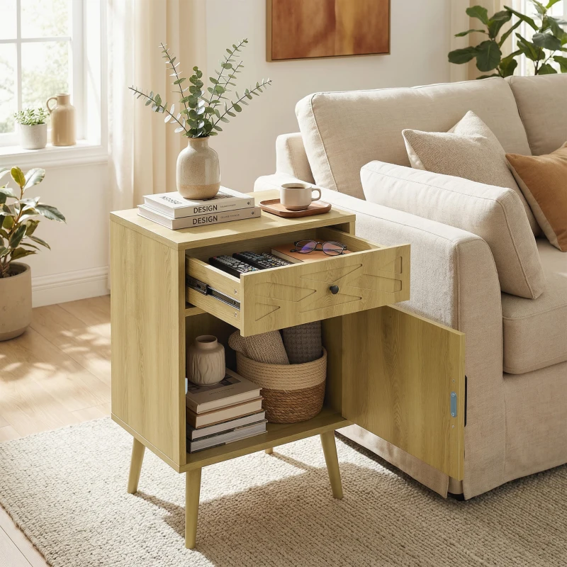 HOMCOM Nightstand Set of 2, Bedside Table Set with Drawer and Cabinet, Side End Table with Storage for Living Room, Oak