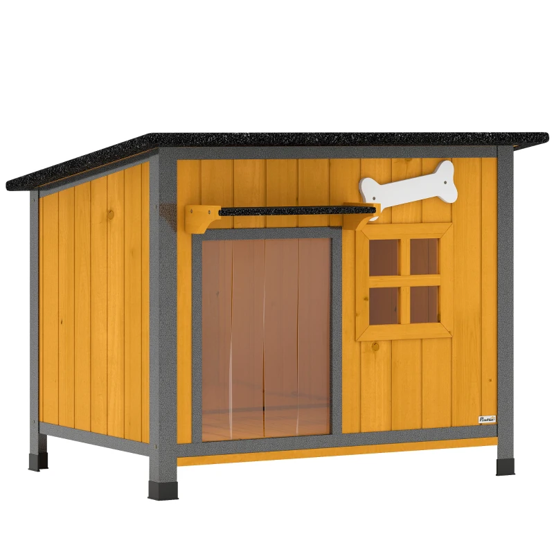 PawHut Outdoor Dog House with Anti-Chewing Steel Frame, Openable Roof, Removable Floor, Door Curtain, Yellow