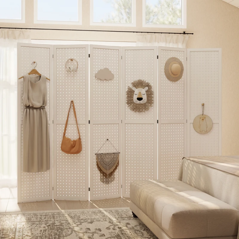 HOMCOM 5.6 Ft. Tall 6-Panel Room Divider, Pegboard Panel Folding Privacy Screen, Partition Wall Divider for Bedroom, White