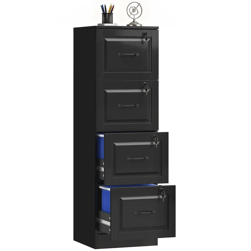 HOMCOM 4 Drawer File Cabinet with Lock, Vertical Filing Cabinet with Adjustable Hanging Bars for A4 and Letter Size, Black