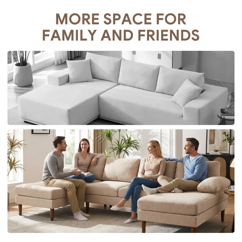 HOMCOM U Shape Couch with Double Chaise Lounge, Modern 4 Seater Sofa with Wooden Legs, Fabric Sofa for Living Room, Beige