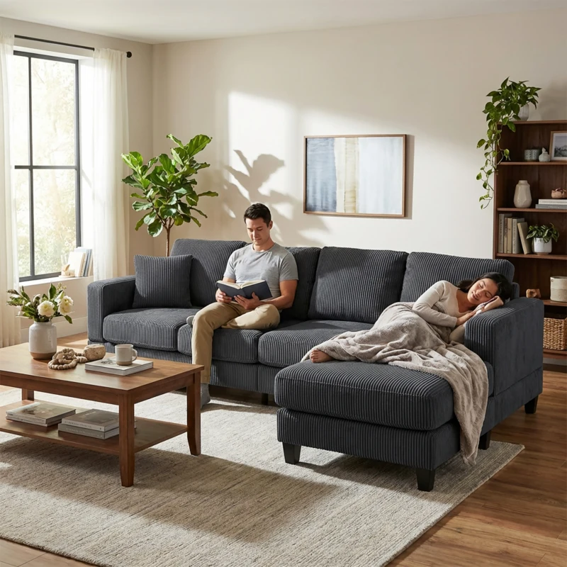 HOMCOM L Shaped Couch, L Shape Sofa with Chaise Lounge and Spring Cushion for Living Room, Bedroom, Charcoal Grey