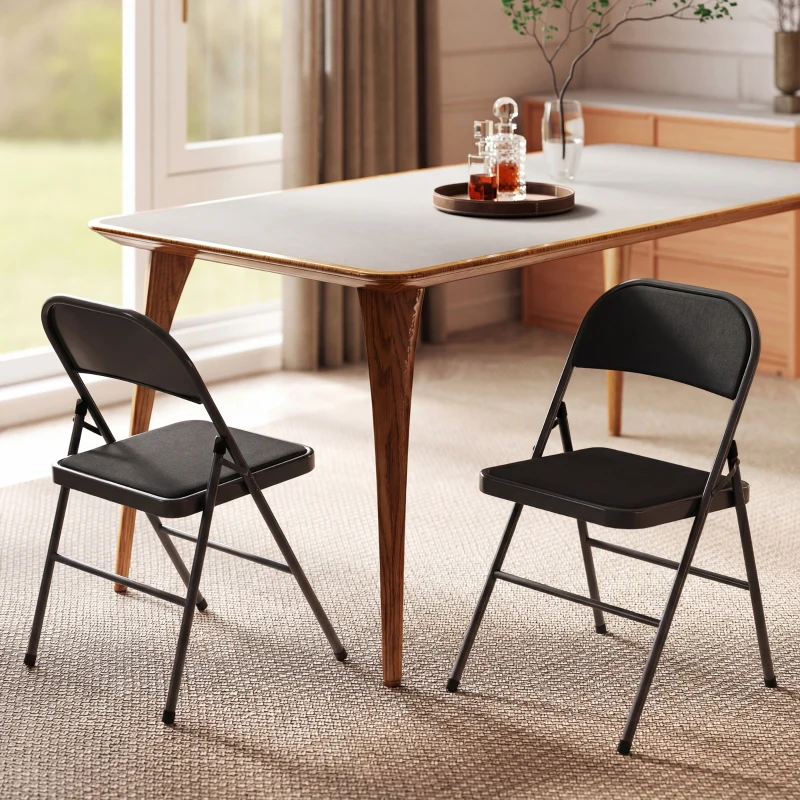 HOMCOM Set of 2 Metal Foldable Chairs, Linen Fabric Padded Folding Chairs with Cushion Seat and Open Back for Indoor, Black