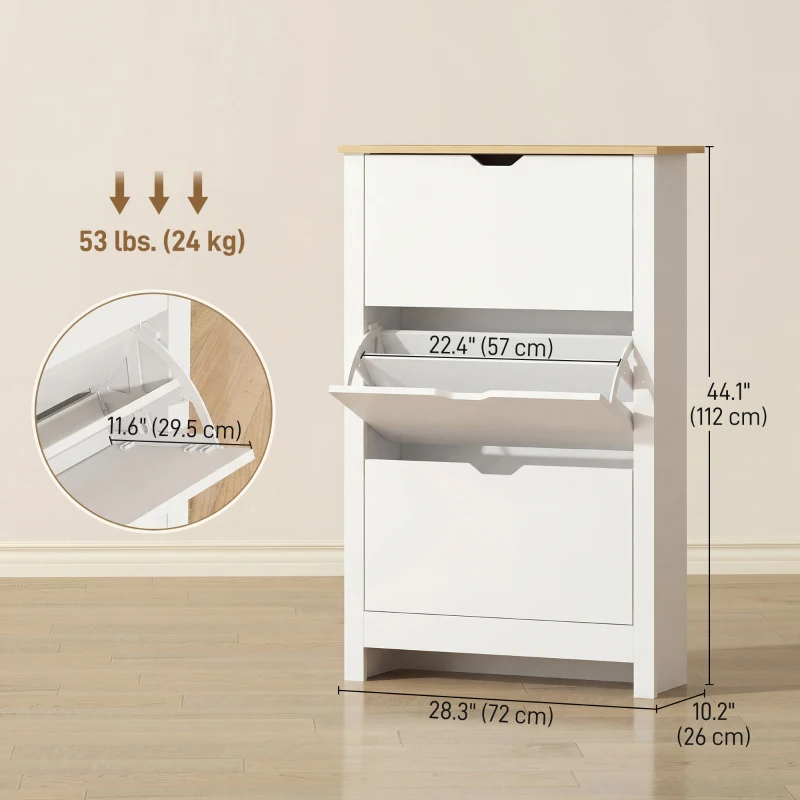 HOMCOM Shoe Storage Cabinet with 3 Flip Drawers and Adjustable Shelves for 9-18 Pairs of Shoes, White