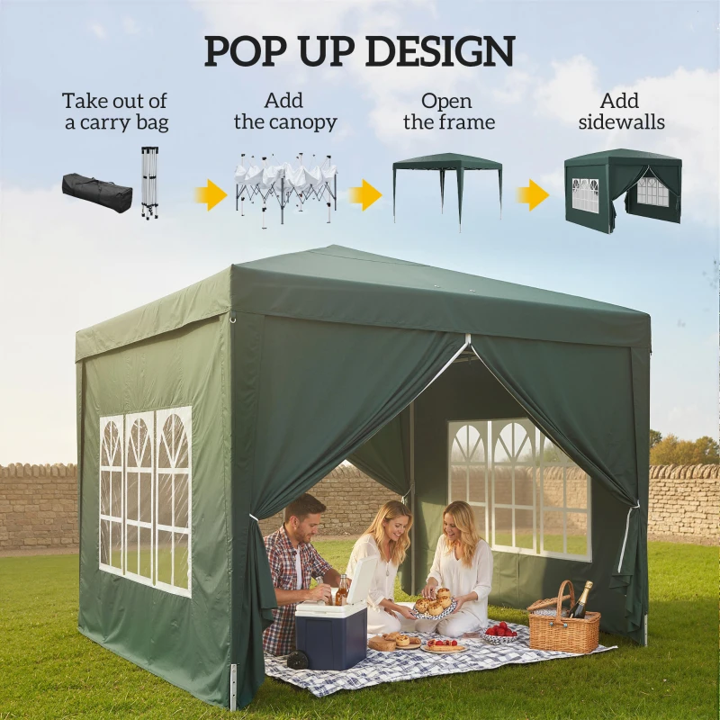 Outsunny 10'x10' Outdoor Pop Up Party Tent Wedding Gazebo Canopy with Carrying Bag (Dark Green)
