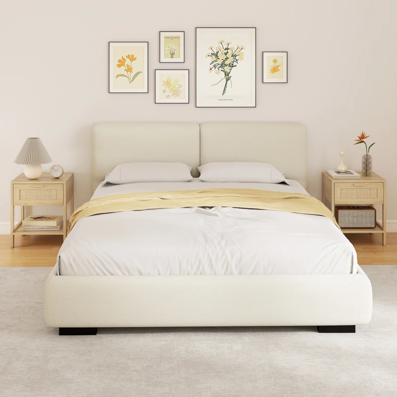 HOMCOM Narrow Nightstand with Rattan Elements, Bedside Table with Drawer and Storage Shelf for Bedroom, Set of 2, Natural Wood