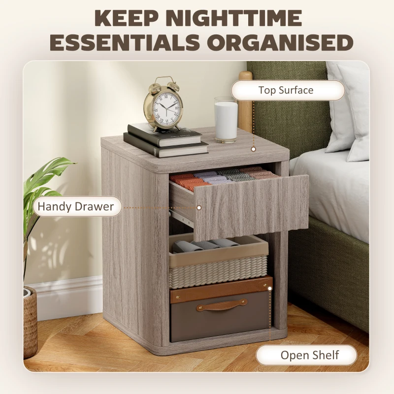 HOMCOM Nightstand with Drawer and Open Shelf, Modern Bedside Table Set of 2 for Bedroom Living Room, Grey