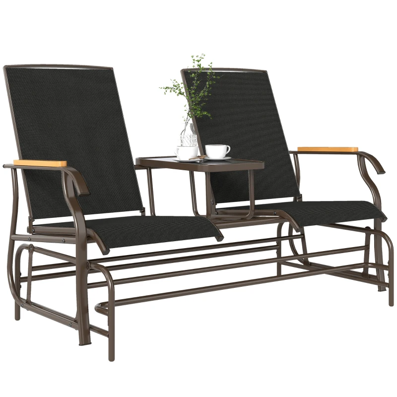 Outsunny Outdoor 2-Person Glider Bench, Outside Swing Glider Chair Loveseat with Breathable Mesh, Table, Steel Frame