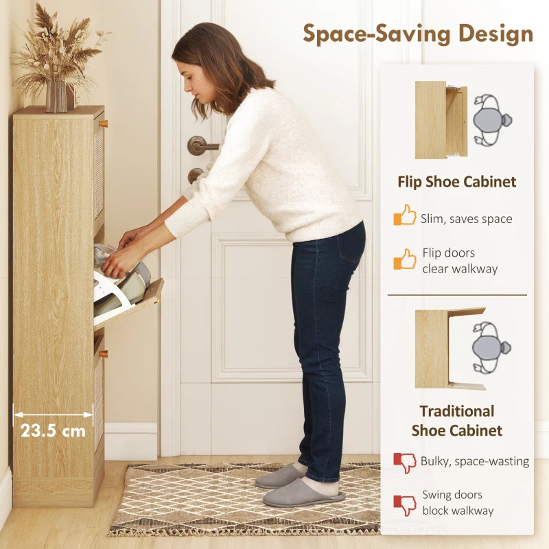 HOMCOM Rattan Shoe Storage Cabinet with 3 Flip Drawers and Adjustable Shelves, Entryway Shoe Cabinet for 18 Pairs, Oak