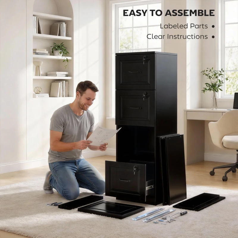 HOMCOM 4 Drawer File Cabinet with Lock, Vertical Filing Cabinet with Adjustable Hanging Bars for A4 and Letter Size, Black