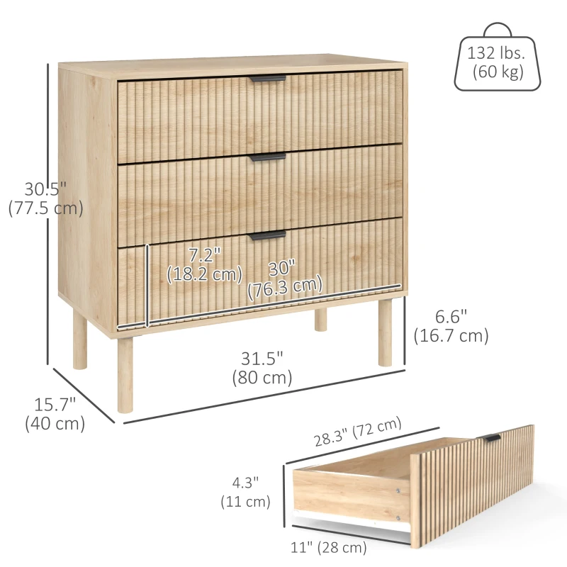 HOMCOM Bedroom Chest of Drawers, 3 Drawer Dresser with Fluted Panels and Solid Wood Legs, Storage Cabinet for Living Room, Oak
