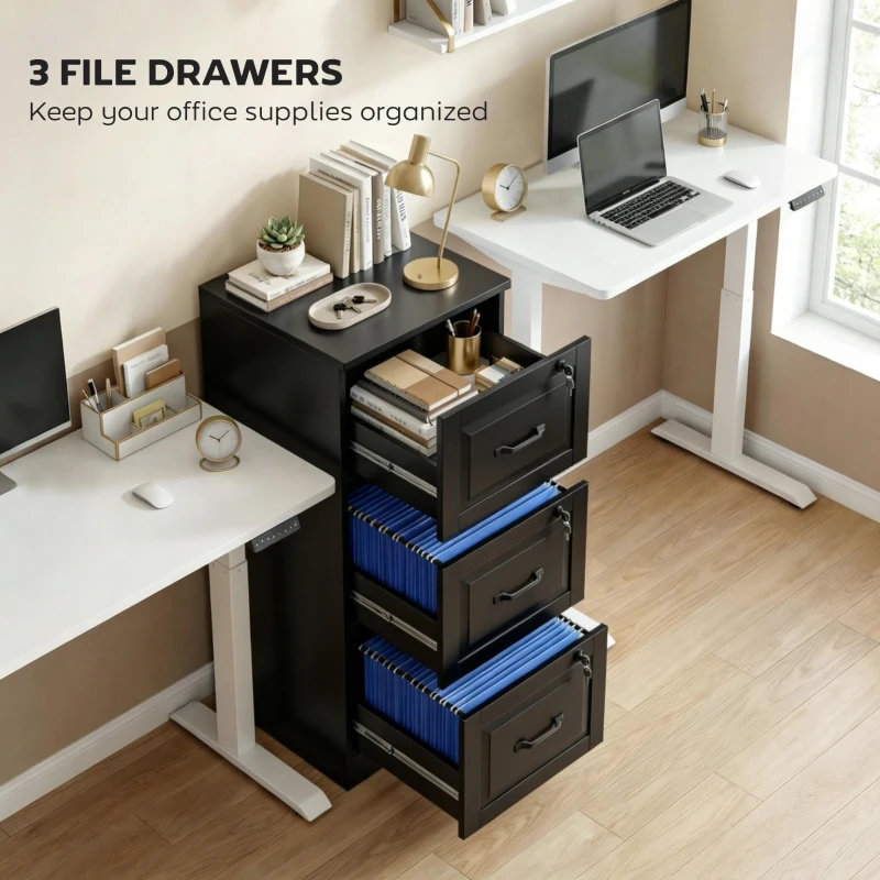 HOMCOM 3 Drawer File Cabinet with Lock, Vertical Filing Cabinet with Adjustable Hanging Bars for A4 and Letter Size, Black
