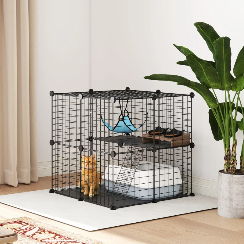 PawHut 2 Tier Cat Cage Crate, DIY Pet Playpen with 2 Doors, Ladder, Hammock, Perch, Indoor Playpen for Kittens, Black