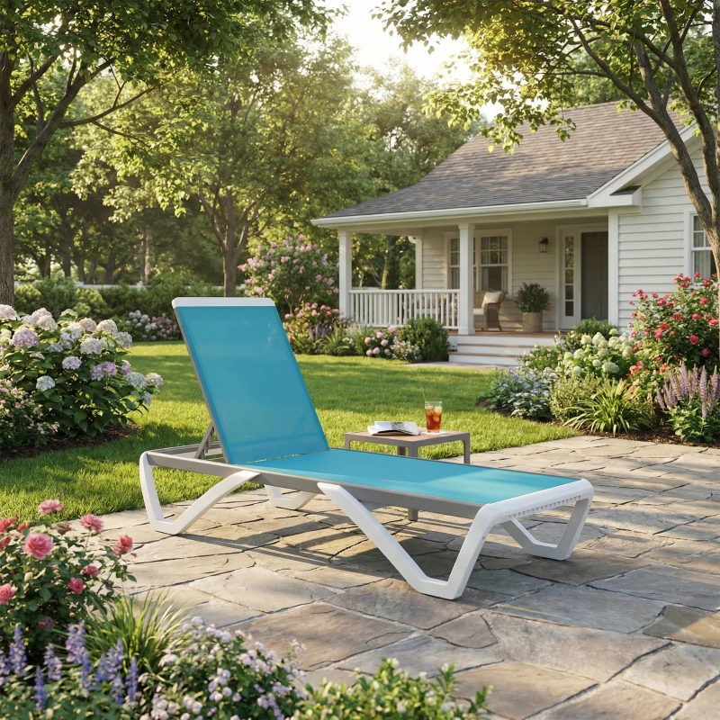 Outsunny Outdoor Chaise Lounge Chair, Patio Aluminum Tanning Chair with 5-Level Adjustable Back, Portable Wheels, Turquoise