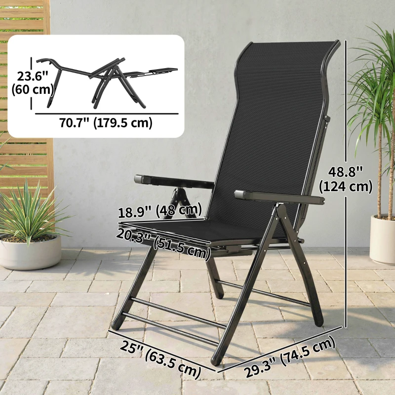 Outsunny Folding Patio Chairs Set of 2, 5-Position Outdoor Lounge Chairs with High Back, Retractable Footrest, Black