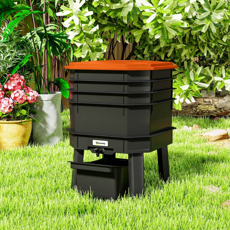 Outsunny 4-Tray Worm Composter Bin, 7.4 Gal Outdoor & Indoor Worm Composter for Recycling Food Waste, Orange