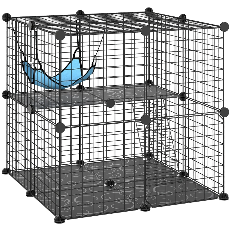 PawHut 2 Tier Cat Cage Crate, DIY Pet Playpen with 2 Doors, Ladder, Hammock, Perch, Indoor Playpen for Kittens, Black