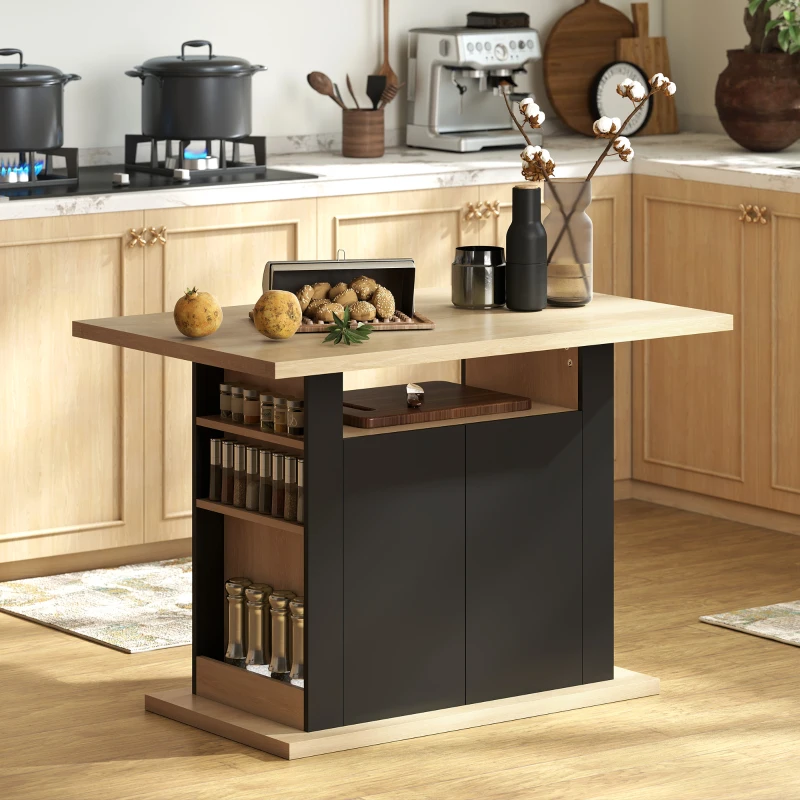 HOMCOM Kitchen Island Dining Table with Storage Cabinet, Large Tabletop for 4-6 People, 4-Door Cupboard & Shelves, Black