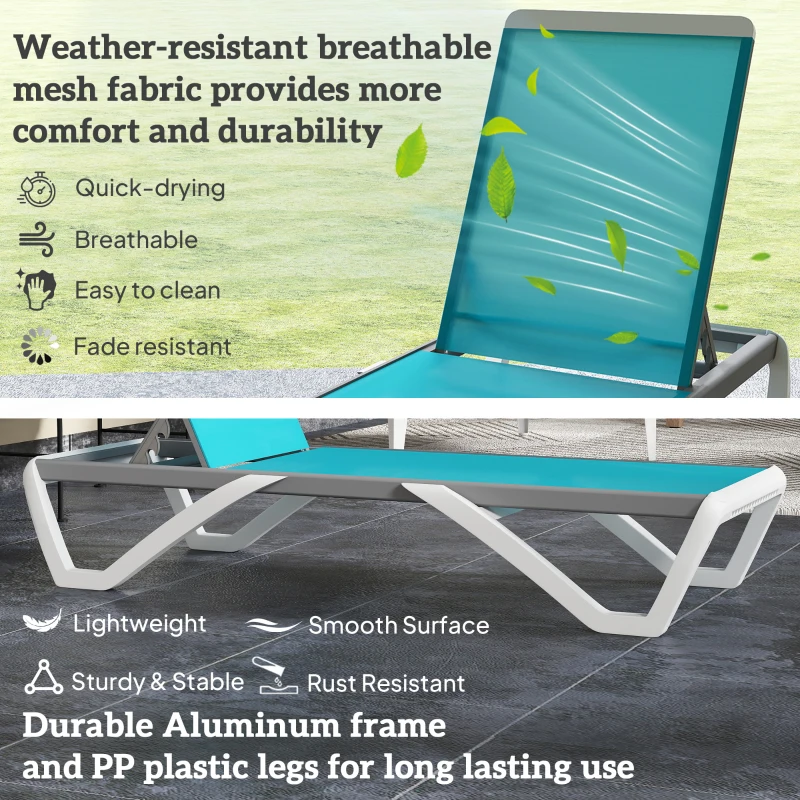 Outsunny Outdoor Chaise Lounge Chair, Patio Aluminum Tanning Chair with 5-Level Adjustable Back, Portable Wheels, Turquoise