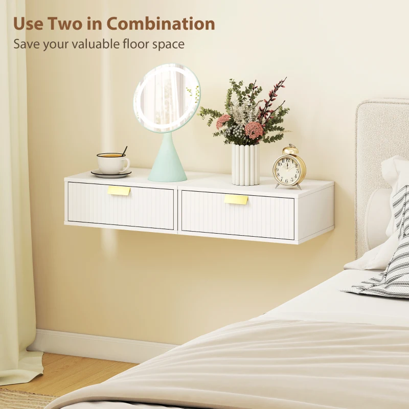 HOMCOM Modern Floating Nightstands Set of 2, Wall Mounted Bedside Tables with Wave Drawer White