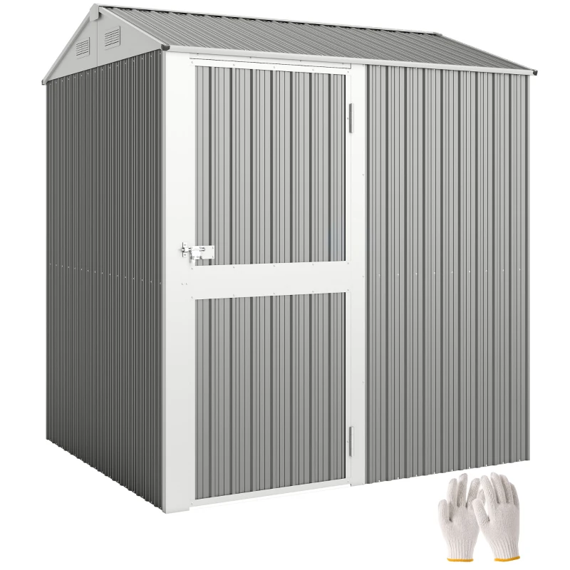 Outsunny 7' x 6' Tall Outdoor Storage Shed, Waterproof Metal Garden Shed with Gloves, Lockable Door, Silver Grey