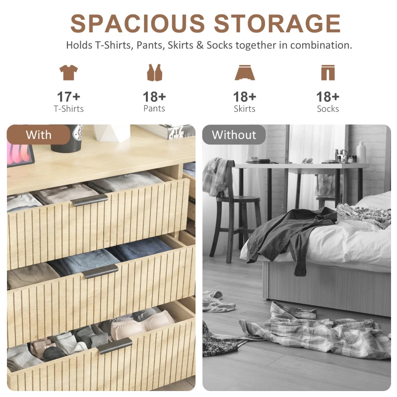 HOMCOM Bedroom Chest of Drawers, 6 Drawer Dresser with Fluted Panels and Solid Wood Legs, Storage Cabinet for Living Room, Oak