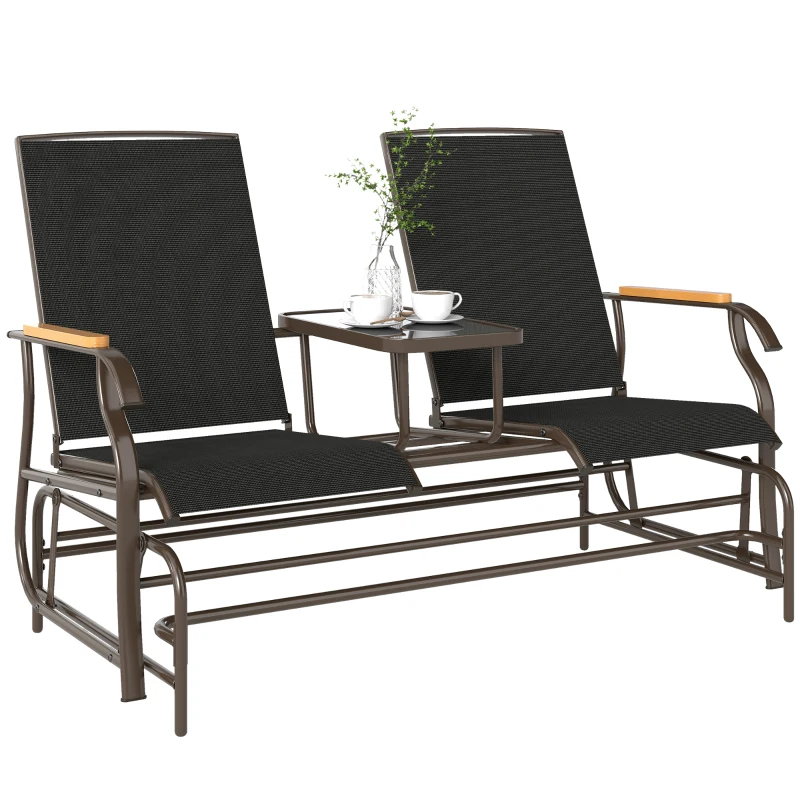 Outsunny Outdoor 2-Person Glider Bench, Outside Swing Glider Chair Loveseat with Breathable Mesh, Table, Steel Frame