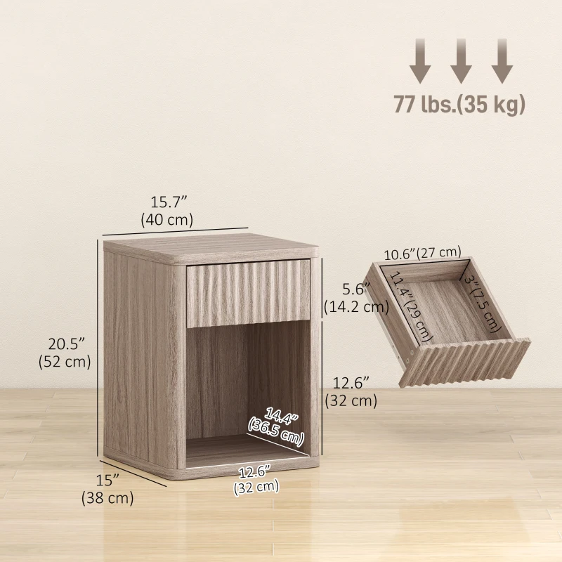 HOMCOM Nightstand with Drawer and Open Shelf, Modern Bedside Table Set of 2 for Bedroom Living Room, Grey