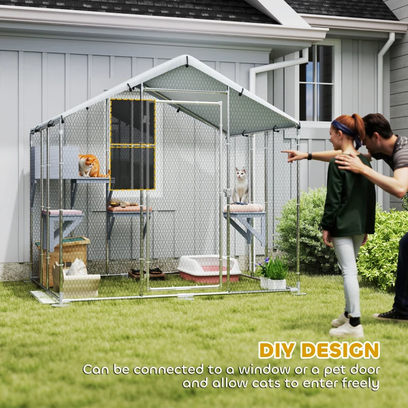 PawHut 79" Extra Large Metal Outdoor Catio with Waterproof Cover, Resting Box, 4 Platforms, for Multiple Rabbits, Chicken