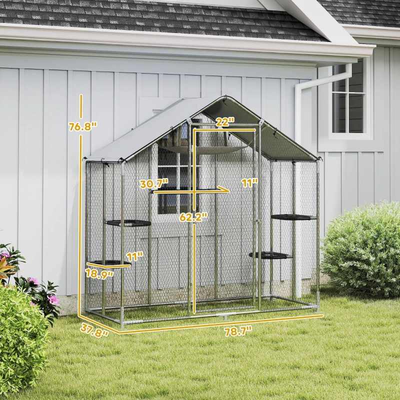 PawHut Large Catio Outdoor Cat Enclosure with Waterproof Cover, Walk-in Cat Patio w/ 5 Adjustable Platforms & Hammock