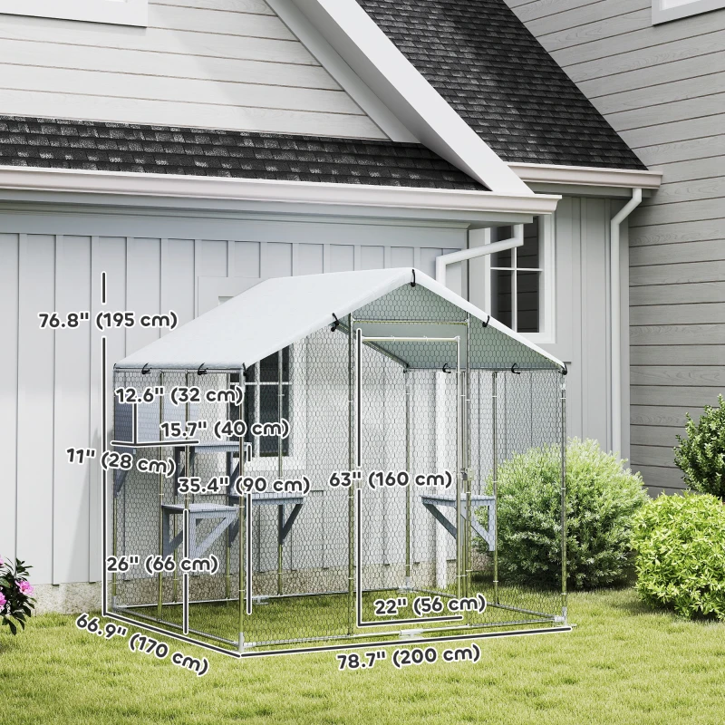 PawHut 79" Extra Large Metal Outdoor Catio with Waterproof Cover, Resting Box, 4 Platforms, for Multiple Rabbits, Chicken