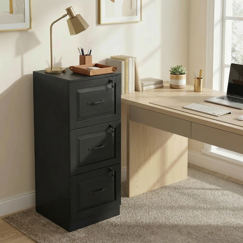 HOMCOM 3 Drawer File Cabinet with Lock, Vertical Filing Cabinet with Adjustable Hanging Bars for A4 and Letter Size, Black