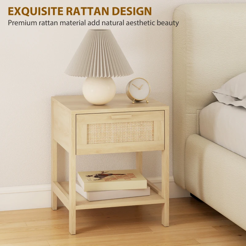 HOMCOM Narrow Nightstand with Rattan Elements, Bedside Table with Drawer and Storage Shelf for Bedroom, Set of 2, Natural Wood