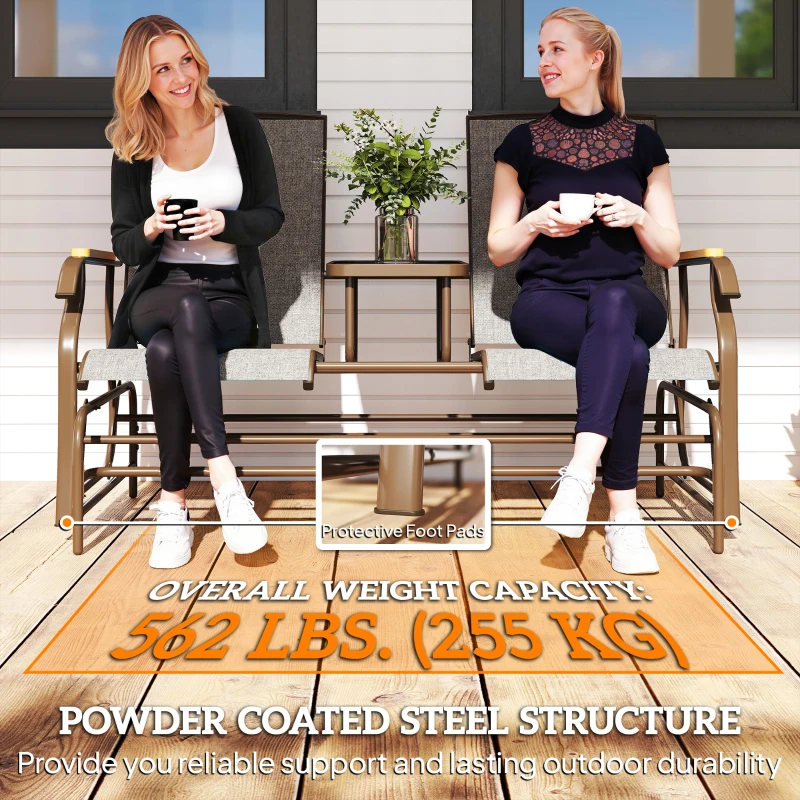 Outsunny Outdoor 2-Person Glider Bench, Outside Swing Glider Chair Loveseat with Breathable Mesh, Table, Steel Frame