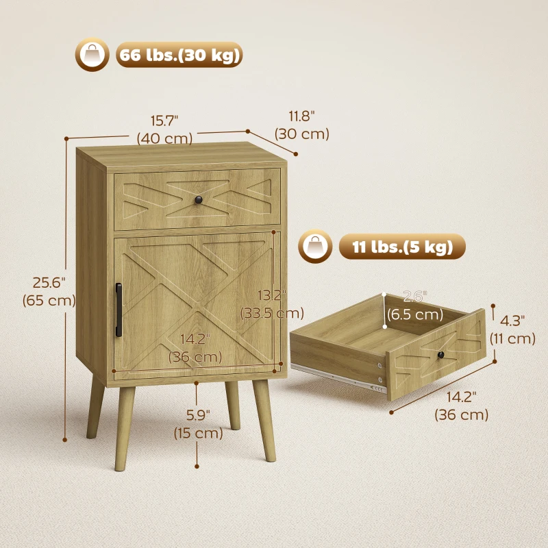 HOMCOM Nightstand Set of 2, Bedside Table Set with Drawer and Cabinet, Side End Table with Storage for Living Room, Oak