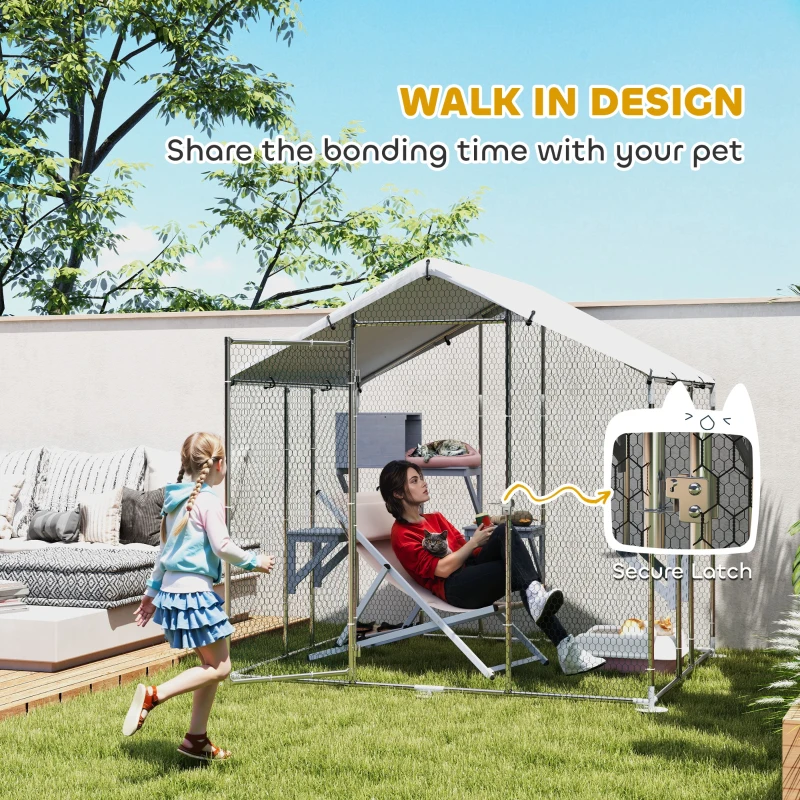 PawHut 79" Extra Large Metal Outdoor Catio with Waterproof Cover, Resting Box, 4 Platforms, for Multiple Rabbits, Chicken