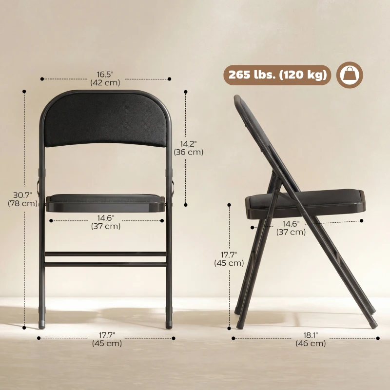 HOMCOM Set of 2 Metal Foldable Chairs, Linen Fabric Padded Folding Chairs with Cushion Seat and Open Back for Indoor, Black