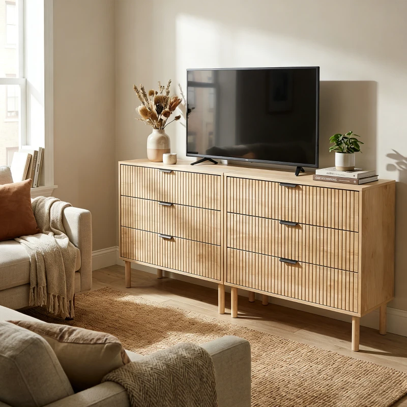 HOMCOM Bedroom Chest of Drawers, 3 Drawer Dresser with Fluted Panels and Solid Wood Legs, Storage Cabinet for Living Room, Oak