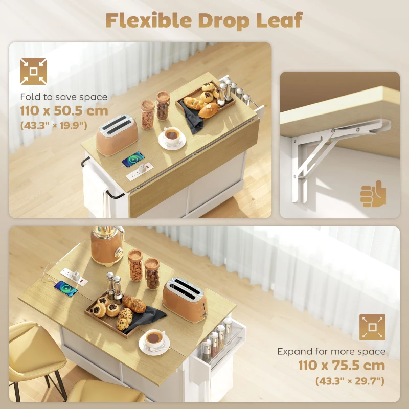 HOMCOM Kitchen Island Cart with Charging Station and Drop Leaf, Kitchen Island Table on Wheels with Trash Can Cabinet, White