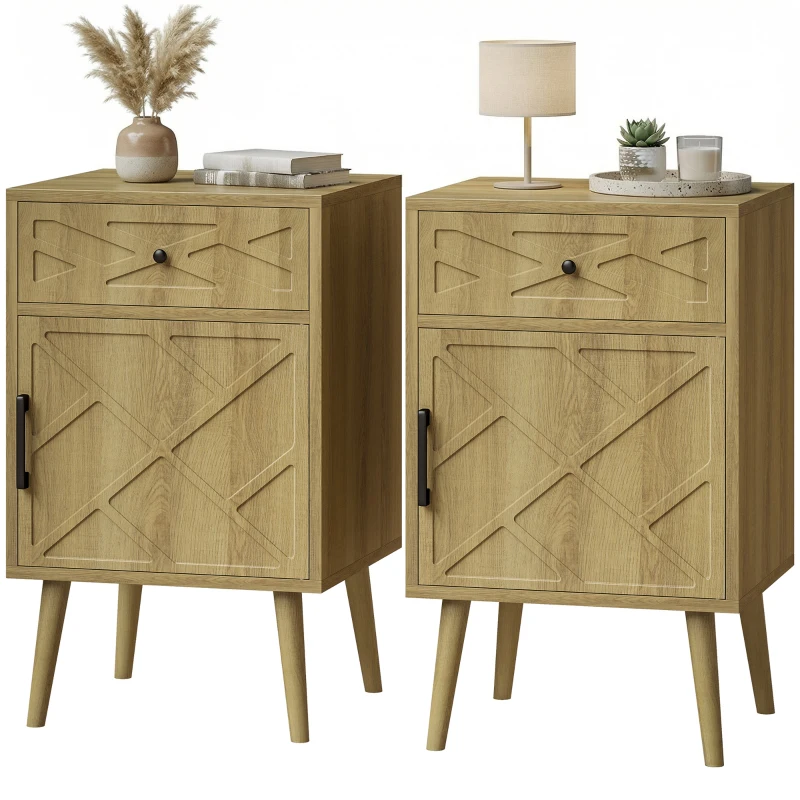 HOMCOM Nightstand Set of 2, Bedside Table Set with Drawer and Cabinet, Side End Table with Storage for Living Room, Oak