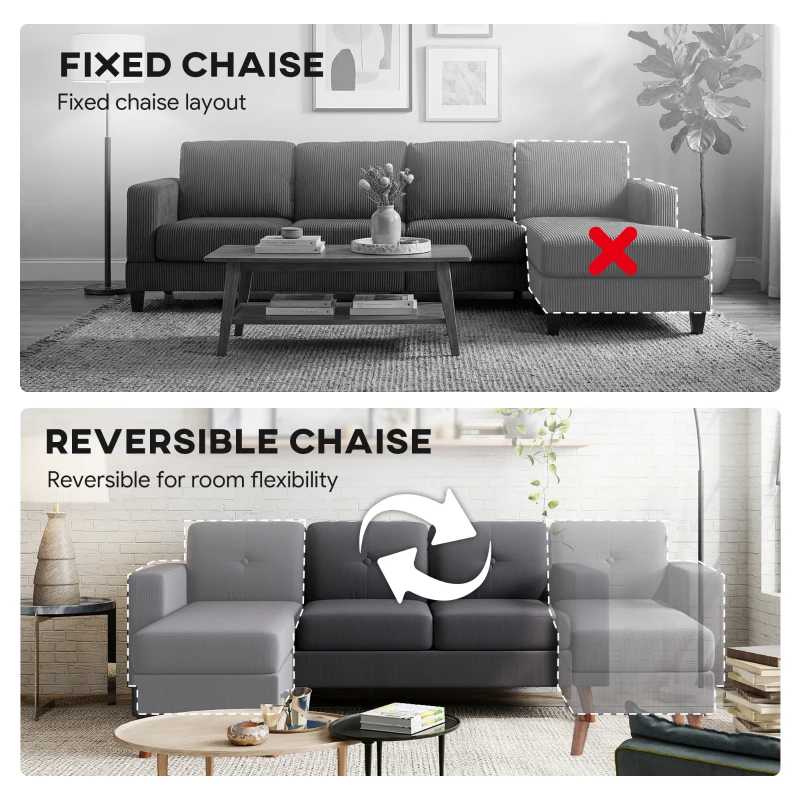 HOMCOM Sectional Sofa with Changeable Chaise Lounge, 3 Seat L-Shaped Small Space Sofa, Upholstered Couch for Small Space, Dark Grey