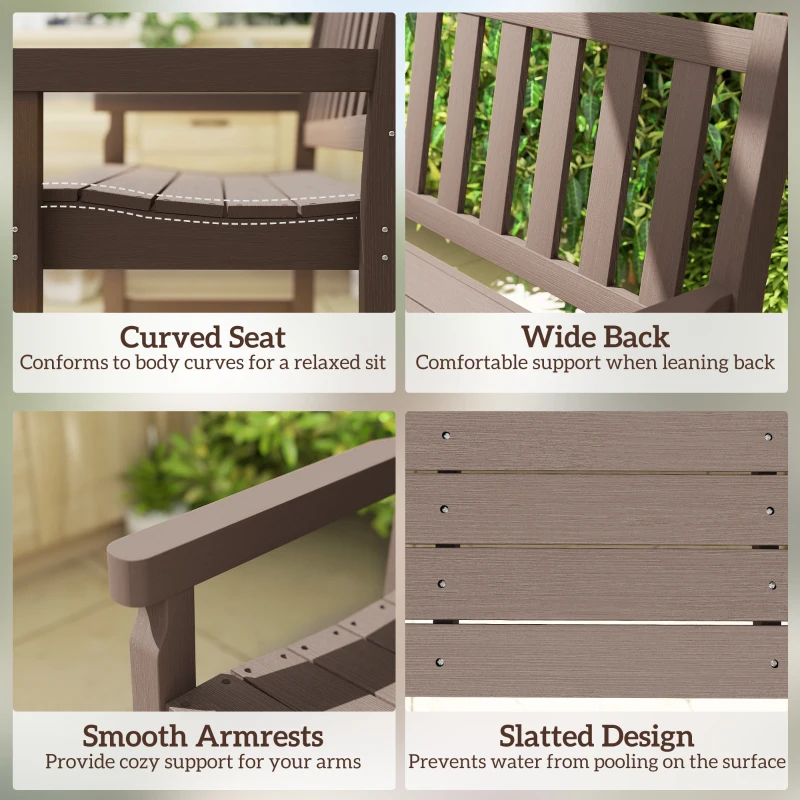 Outsunny 2-Person Garden Bench, HDPE Outdoor Bench with 530 lbs Capacity, Curved Seat for Backyard, Park, Porch, Lawn, Brown