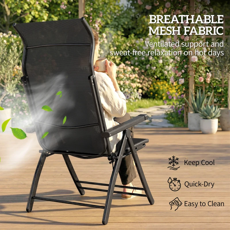 Outsunny Folding Patio Chairs Set of 2, 5-Position Outdoor Lounge Chairs with High Back, Retractable Footrest, Black