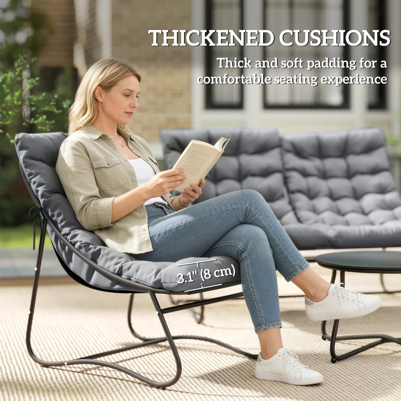 Outsunny 4 Piece Patio Furniture Set, Outdoor Furniture Conversation Set with Loveseat, Chairs Round Metal Table, Cushions, Grey