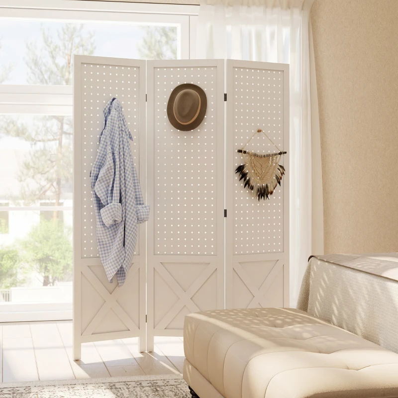 HOMCOM 56.9" 3 Panel Wooden Room Divider with Pegboard Display, Folding Privacy Screen for Home Office, White